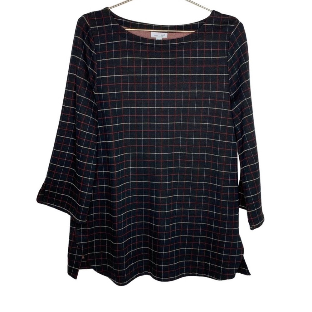 J Jill Ponte Womens Size Medium Windowpane Blouse Top Black Red Stretch Career